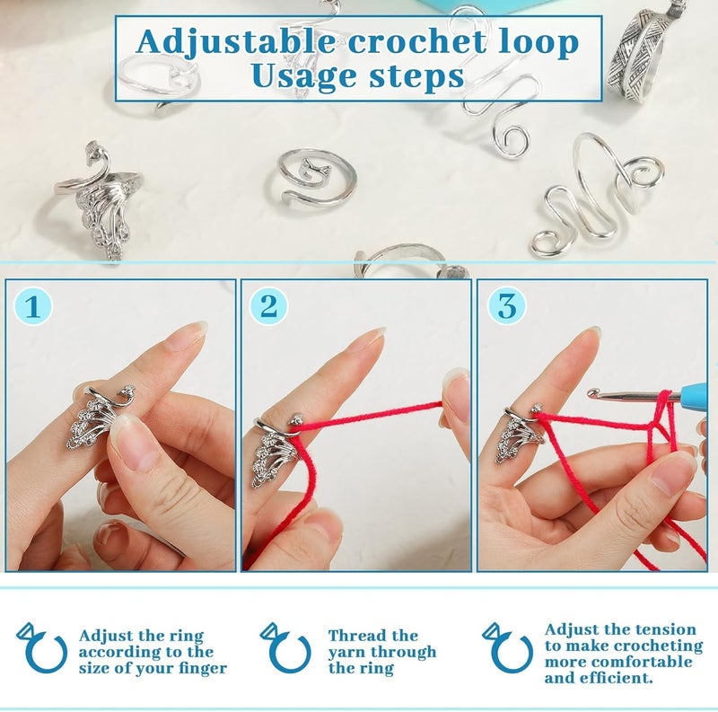 FOUSNOW 8 Pcs Crochet Ring, Adjustable Crochet Ring for Finger, Tension Rings Cat Yarn Guide Yarn Knitting Thimble, Faster Knitting Crocheting Accessories for Mother Grandma - Image 4